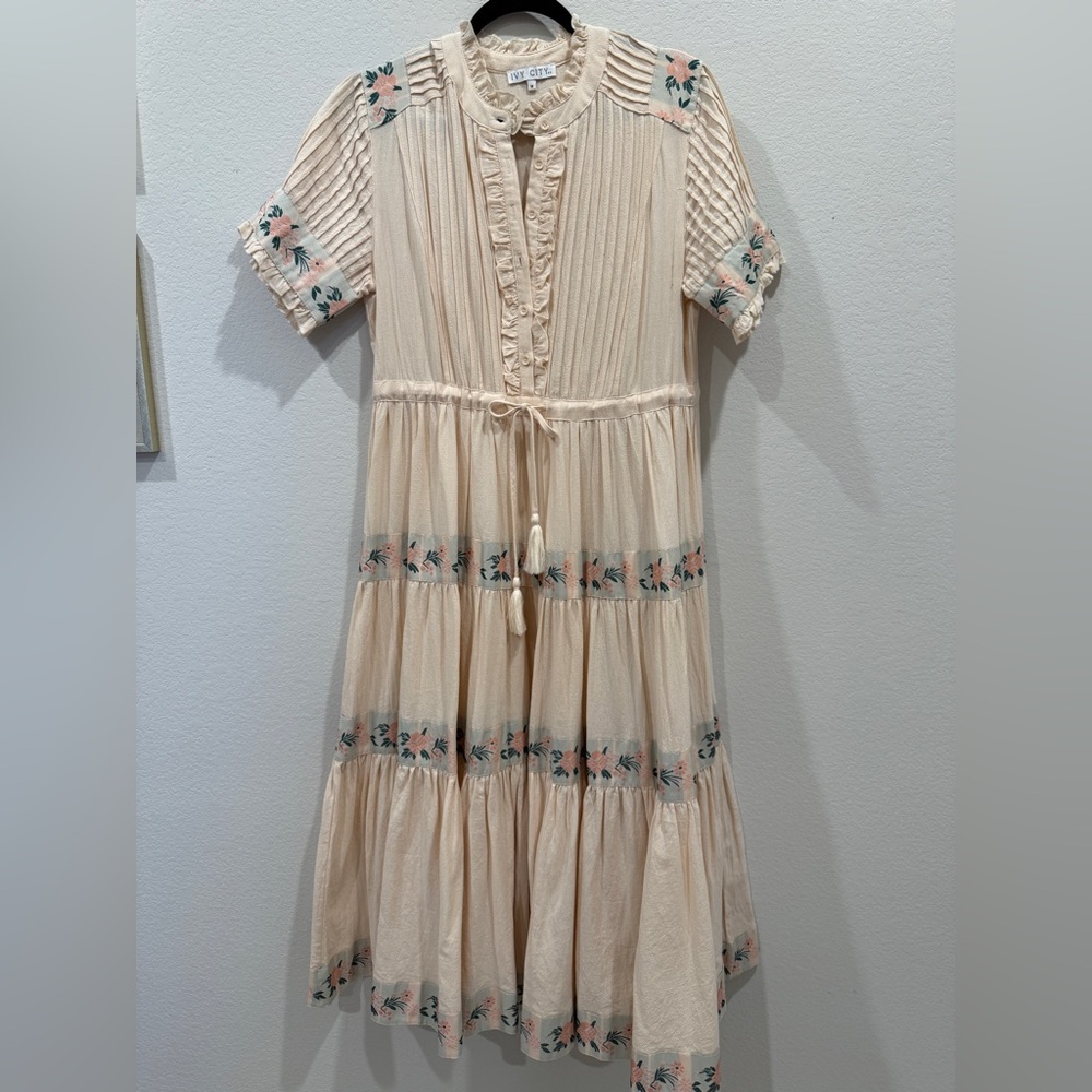 Ivy City Co Cream Holland Tiered Midi/Maxi Dress with Pastel Floral Ribbon Trim - Picture 4 of 8